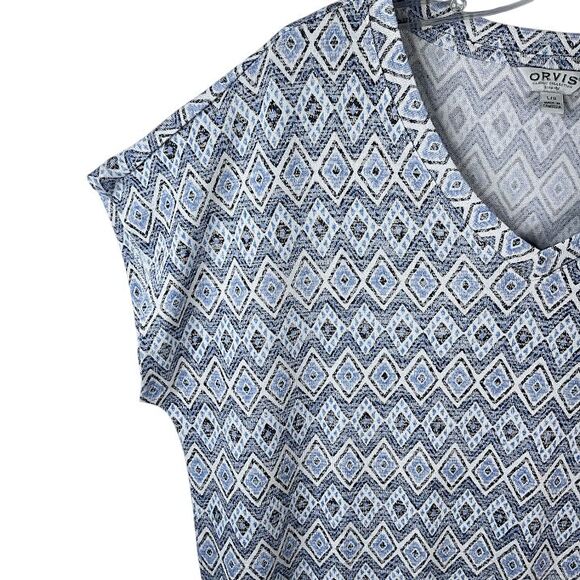 Orvis Womens Size LARGE V-Neck Short Sleeve Top Blue Diamond Casual Shirt - Picture 4 of 9